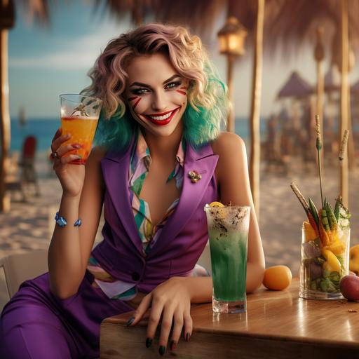 Women cosplay joker on beach Gascon Mule cocktails , cocktails on table in beach party , summer vibe , palms, 32K , ultra realistic,