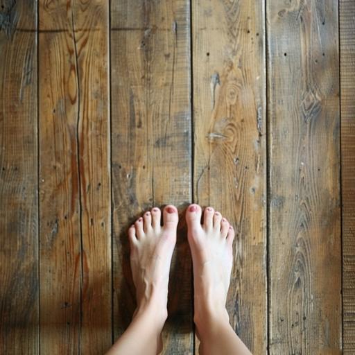 Women's feet without socks on a smooth wooden floor, close-up, photo-like