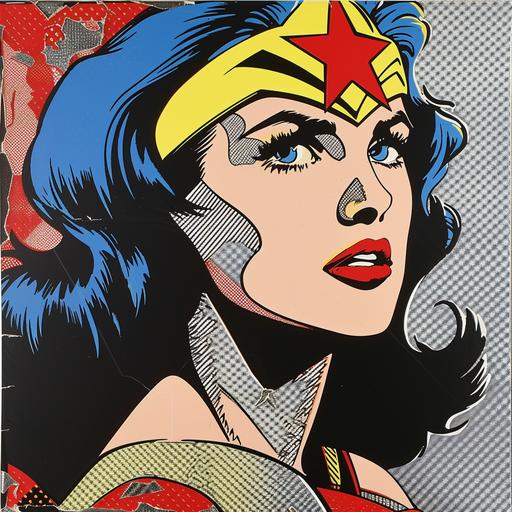 Wonder Woman, glorious day, comic style, side view, halftone, pointlism, by roy lichtenstein and Andy Warhol --v 6.0