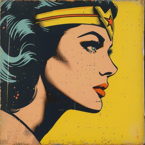 Wonder Woman, glorious day, comic style, side view, halftone, pointlism, by roy lichtenstein and Andy Warhol --v 6.0