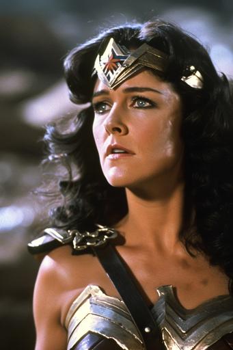Wonder Woman played by a 1975 Jane Fonda in a movie, exact 1975 Jane Fonda face, 1970s movie aesthetic, movie still, cinematic, ultra - realistic, 8k, 1970s long flowing black hairstyle, armor design adapted for 1970s style, correct makeup, correct muscular physique, award - winning photography, action shot, full body, whole body, looks like 1970s Jane Fonda --v 6.0 --ar 2:3