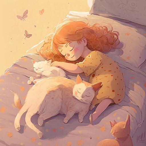 Wondrous Illustration Style, children’s book illustration style, Soft pastels Light hues Whimsical Dreamy Gentle Cozy Warm Playful Imagination Loose lines Flow Detail Inviting Comfortable Movement Energy, C is for Cat, with fur so soft, She loves to nap, no matter the cost.