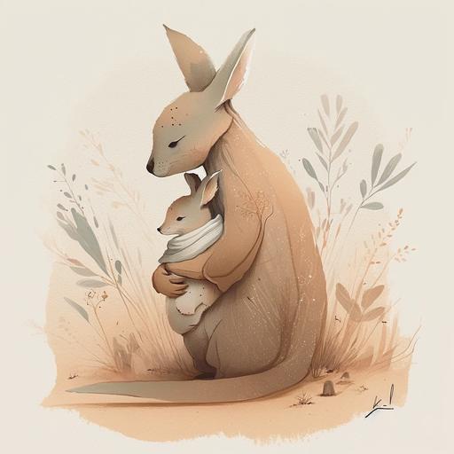 Wondrous Illustration Style, children’s book illustration style, Soft pastels Light hues Whimsical Dreamy Gentle Cozy Warm Playful Imagination Loose lines Flow Detail Inviting Comfortable Movement Energy, K is for Kangaroo, with a pouch so warm, She carries her baby, safe from harm.