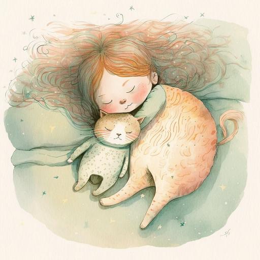 Wondrous Illustration Style, children’s book illustration style, Soft pastels Light hues Whimsical Dreamy Gentle Cozy Warm Playful Imagination Loose lines Flow Detail Inviting Comfortable Movement Energy, C is for Cat, with fur so soft, She loves to nap, no matter the cost.