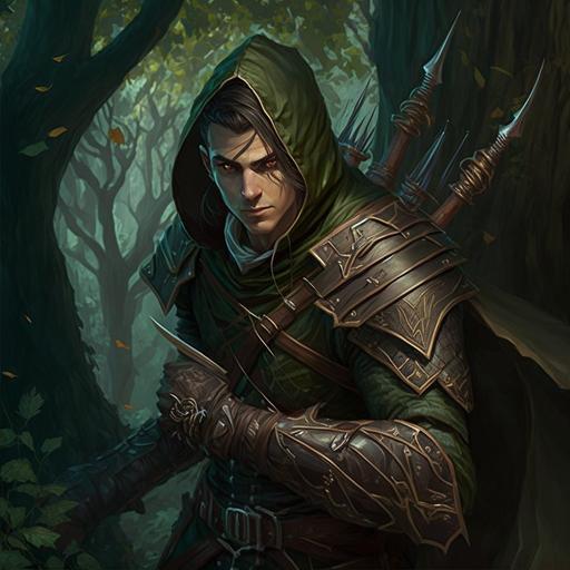 Wood Elf, Male, Rogue, Fighter, Bard, Bow Sharpshooter, Shadowdancer, Rapier, Longbow, D&D, Dungeons & Dragons, Studded Leather Armor, Shadows, Hood, Black Hair, City, Woods, Elven Chain, Elven Long Sword, Elven Bow