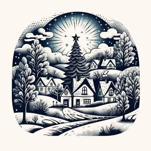 Wood engraving Christmas Tree in a small village square, low detail, thick lines, black and white on a transparent background --s 750
