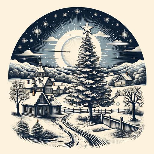 Wood engraving single Christmas Tree in a small village square, wide angel, low detail, thick lines, black and white on a transparent background --s 750