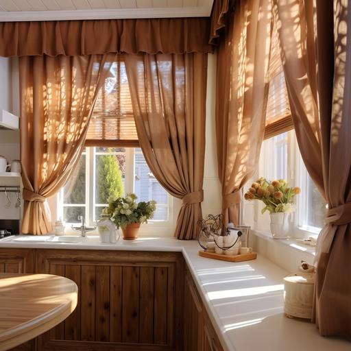 Wooden curtains brown color in a classic kitchen with intensification of sunlight, photo of the entire curtain--v 4