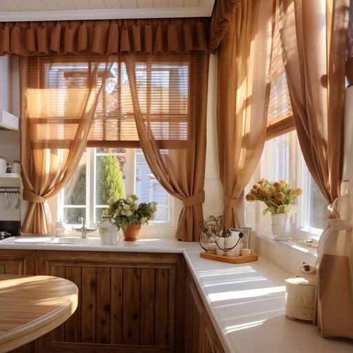 Wooden curtains brown color in a classic kitchen with intensification of sunlight, photo of the entire curtain--v 4