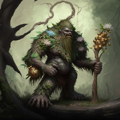 Wooden elemental spirit elder wizened treant ent druid wooden root golem in the shape of a carved gorilla made of twigs and sticks, sitting in a glade and holding a staff, wooden carved entirely made of twisting spiraling intricate brown roots and green vines, beautiful flowers, detailed contrast painted digital fantasy art award winning on artstation MTG concept art the voice of the forest, the ghost of the jungle chiaroscuro highly detailed, digital painting, artstation, concept art, smooth, sharp focus, illustration, art by artgerm and greg rutkowski and alphonse mucha --v 4