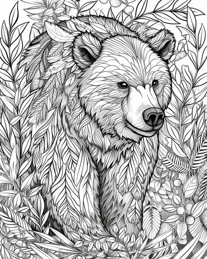 Woodland bear in a forest coloring page monochrome, black and white, thick lines, for adults --ar 4:5 --v 6.0