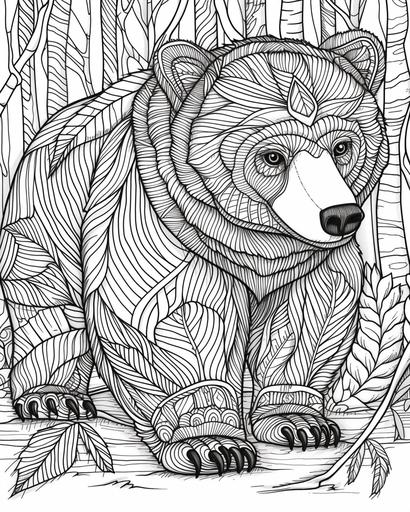 Woodland bear in a forest coloring page monochrome, black and white, thick lines, for adults --ar 4:5 --v 6.0