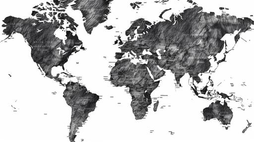 World map in black and white, rough shape, no text --ar 16:9 --v 5