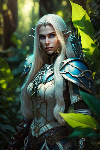 World of Warcraft character, a female elf ranger patrolling in luxurious jungle, full body : : female, beautiful, white long hair, green eyes, ears elf, natural face, in the background. foreground jungle leaf. real photographic, impressive, high image quality, 8k --ar 2:3
