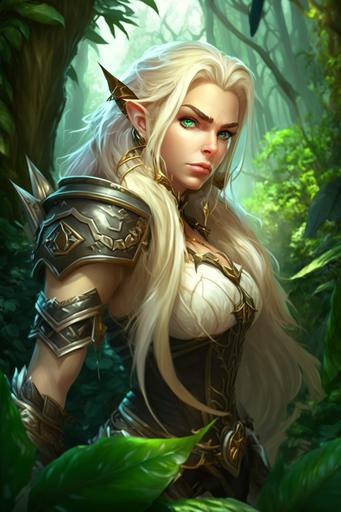 World of Warcraft character, a female elf ranger patrolling in luxurious jungle, full body : : female, beautiful, white long hair, green eyes, ears elf, natural face, in the background. foreground jungle leaf. real photographic, impressive, high image quality, 8k --ar 2:3