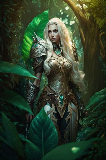 World of Warcraft character, full body shot, a female elf ranger patrolling in luxurious jungle, full body : : female, beautiful, white long hair, green eyes, ears elf, natural face, wearing steel shoes, in the background. foreground jungle leaf. real photographic, impressive, high image quality, 8k --ar 2:3