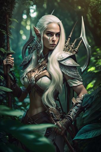 World of Warcraft character, full body shot, a female elf ranger with her elemental bow patrolling in luxurious jungle : : female, beautiful, white long hair, green eyes, beautiful eyes, ears elf, natural face, wearing steel shoes. foreground jungle leaf. real photographic, impressive, high image quality, 8k --ar 2:3