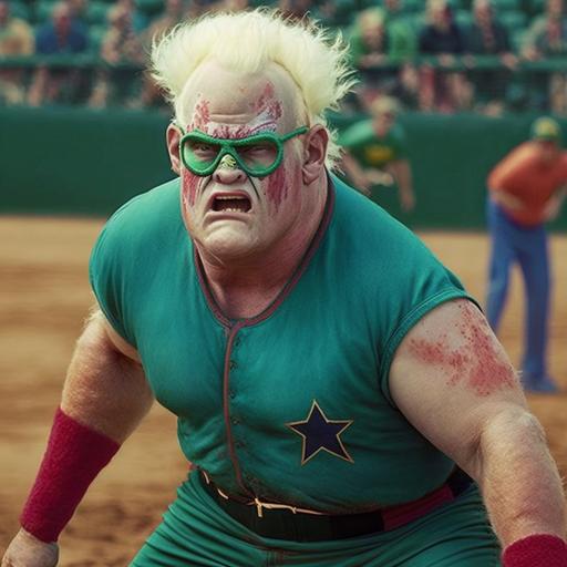 Wrestler mr perfect as an aging old men playing softball on a green infield