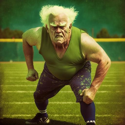 Wrestler mr perfect as an aging old men playing softball on a green infield