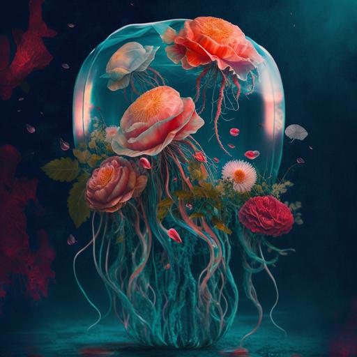 Write a prompt to generate a colorful and artistic image about a jellyfish aesthetic collage with red roses