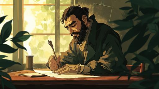 Writing Letters: A stoic philosopher writing letters at a rustic wooden desk, with a quill and ink, sharing thoughts with distant friends, in vagabond manga style --ar 16:9 --v 6.0
