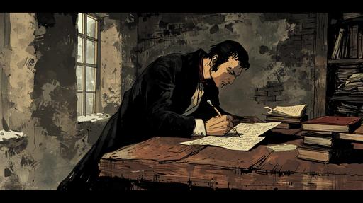 Writing Letters: A stoic philosopher writing letters at a rustic wooden desk, with a quill and ink, sharing thoughts with distant friends, in vagabond manga style --ar 16:9 --v 6.0
