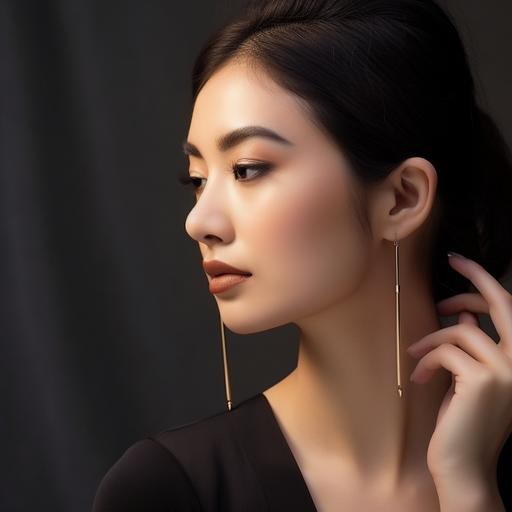 a woman wearring golden thin drop earrings with crystals in the form of chopstick, classy