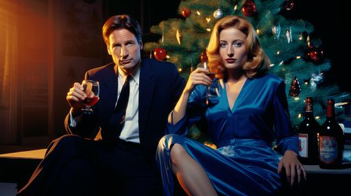 X-files, Fox Mulder and Dana Scully in blue outfits with adidas logo, posing under a christmas tree, with bottle of alcohol, in the style of provia film, white and blue, iconic, coniferouscore, superheroes, color-blocked textiles, excellent color palette, unreal graphics, realistic chiaroscuro, photography, Canon EF 24-105mm f/4L IS II USM lens at 50mm, ISO 800, f/5.6, 1/250s, key visual and aesthetic candid glamour of 