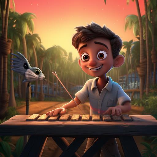 X is for Xavier the Xylophone Player. He played the Xylophone in the Xanadu park. His Xylophone's music was Xenodochia, spreading Cheer, cute Disney style, noise reduction and fine details, realistic textures, color grading, retouching.