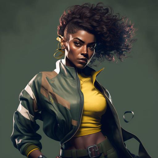 X-men Rogue in dynamic street fight inspired haute combat suit in short brown ,bomber jacket, wearing yellow and green track suit beautiful young black woman man stunning action posing a hip hop fashion setting with brown hair with white streek in front of the hair HQ 8k realistic