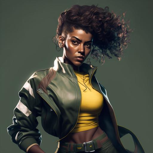 X-men Rogue in dynamic street fight inspired haute combat suit in short brown ,bomber jacket, wearing yellow and green track suit beautiful young black woman man stunning action posing a hip hop fashion setting with brown hair with white streek in front of the hair HQ 8k realistic
