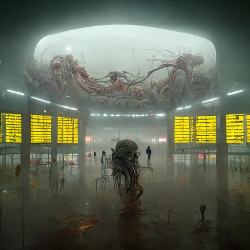 abandoned alien airport departure hall with person viewing through glass, high detail, octane render, meat tentacles, fog on the runway, ambient occlusion, oil painting