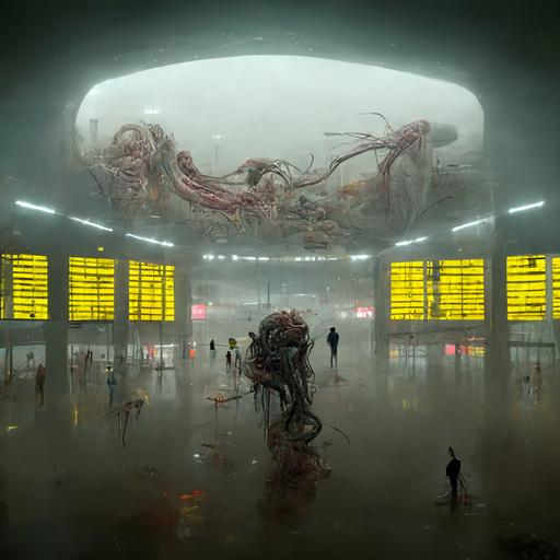 abandoned alien airport departure hall with person viewing through glass, high detail, octane render, meat tentacles, fog on the runway, ambient occlusion, oil painting