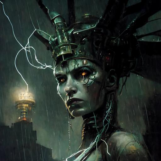 by enki bilal, close-up drone shot of face of steampunk statue of liberty at night in rain, lots of pipes ducts and wires, crown is art deco lights, background is soft focus new york city