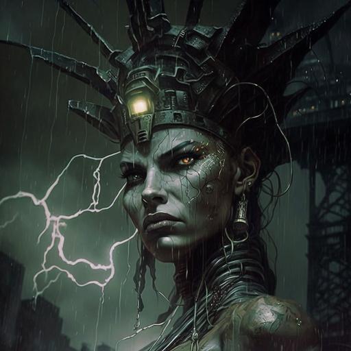 by enki bilal, close-up drone shot of face of steampunk statue of liberty at night in rain, lots of pipes ducts and wires, crown is art deco lights, background is soft focus new york city