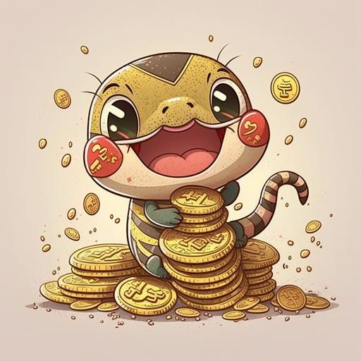 cute sanke sticking out its tongue with coins, cartoon ,golden