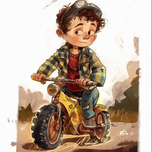 YOU ARE CREATING AN ILLUSTRATION FOR A CHILDRENS BOOK. THE CHARACTER IS DRIVING AN OUT OF CONTROL WOOD GO CART AND LOOKS LIKE  AND