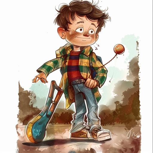 YOU ARE CREATING AN ILLUSTRATION FOR A CHILDRENS BOOK. THE CHARACTER IS SEARCHING THE BACK POCKET OF HIS PANTS FOR MISSING MARBLES  AND