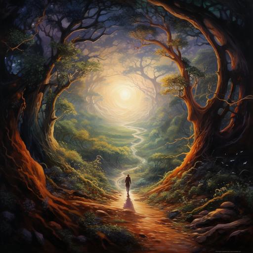 YOU ARE PAINTING A PICTURE OF A MAN ON AN EXPIDITION WALKING DOWN A winding, mysterious path surrounded by nature. THE PAINTING IS MEANT TO symbolize the journey of seeking wisdom with twists and turns, leading to unknown destinations.