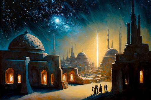 Oil painting of a star wars wide landscape, morocco, moroccan mosques, large, nature, futuristic city, tiny traditional people, night, stars, milky way mosques, spaceships, cloud and sun contrast, star wars landscape, sky, stars, light mist, starships flying in the sky, droids, traditionnal people, ruins,traditionnal and futuristic style, light and shadow, constrasts, ancient and futuristic, Ivan Aivazovsky painting style, technological, large view, wide view, gigapixel, very complex hyper-maximalist overdetailed, volumetric lighting, moody lighting, high resolution, 64k, quality 5, --v 4 --q 5 --s 1000 --ar 3:2