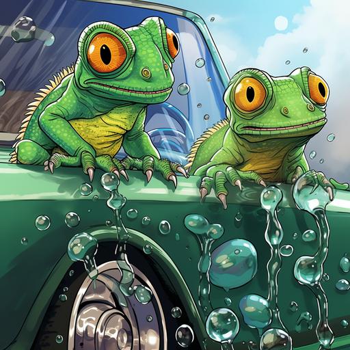 2 Chameleons hand washing cars. Bubbly soap is everywhere. (Cartoon-Style) (Hyper-Detailed)