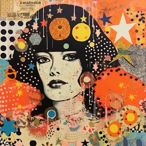 Yayoi Kusama style painting, 70s Ibiza, hippie culture, collage art of Spanish newspapers