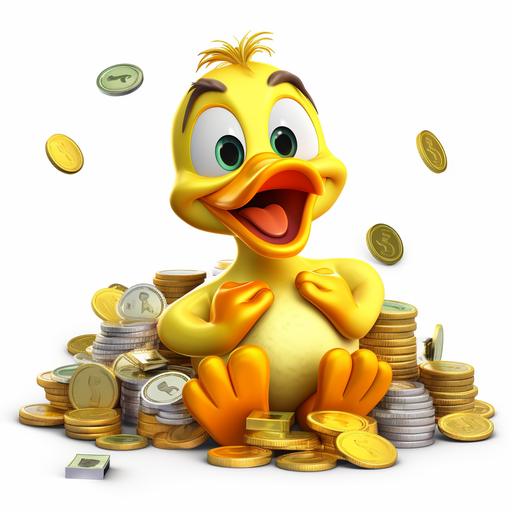 Yellow cartoon duck with money and coins without background