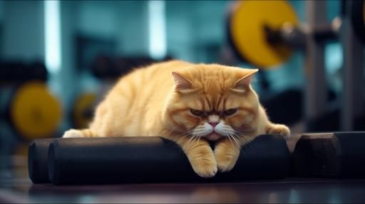 Yellow cat goes to the gym, lies down and pushes weights, cat panics because the weights are too heavy, poor cat, sad cat, realistic photo --ar 16:9 --s 250 --v 5.1