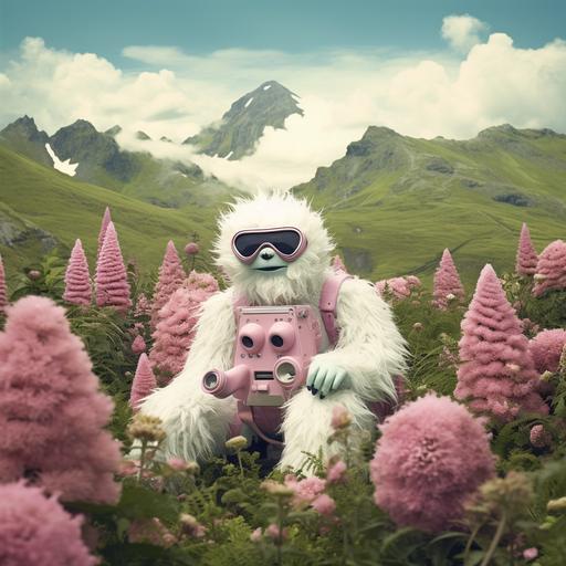 Yeti, animal, relaxed, hippie, toy designer, in fashion style with alien plants filed with futuristic field machinery, analog retro high-quality photography in the style of Mark Ryden style, pink flowers, and green field