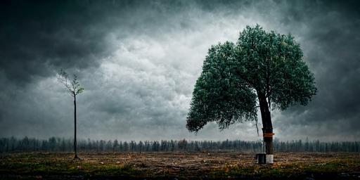 a post apocolyptic enviroment where nothing but a single tree stands, hyper realistic, low aperture, moody scene --w 512
