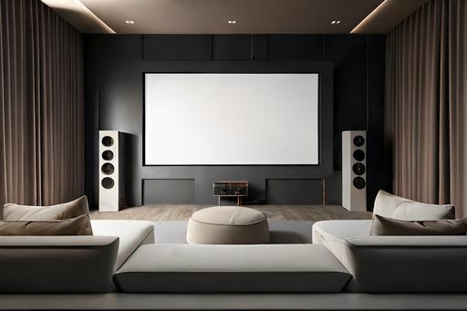 A modern minimalist big home movie theater in light beige and dark brown and light grey tones with sofa rows and a big projector screen, different level seat rows, modern and sleek, modern Scandinavian design, movie theater, architecture magazine, interior, beautiful and modern furniture, zen, perfect ratio, 8k, high resolution, very detailed, architectural 3d render, --ar 3:2 --v 4 --q 2 --s 750