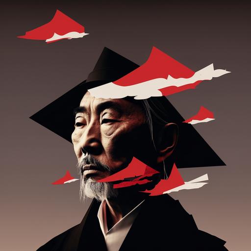 Yohji yamamoto portrait with red and black clouds cut out paper planes