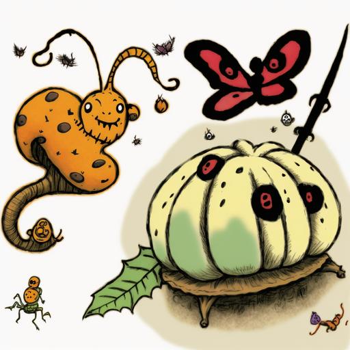 Yoshitaka Amano style color illustration of creatures, snail and jack-o-lantern and ladybug and winged worm happycore  --v 4