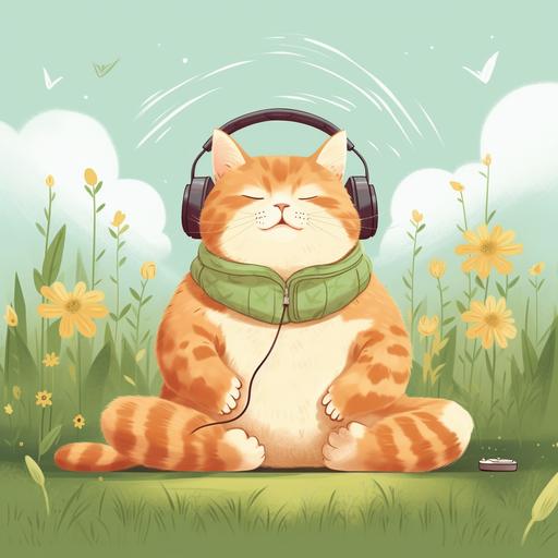 You are an AI artist with a delightful task ahead. Picture a heartwarming and whimsical illustration featuring a fat ginger cat meditating peacefully from behind, seated on a beautiful green grassy ground, all while wearing headphones. The ginger cat should be depicted from behind, sitting in a serene and meditative posture. Its round cheeks and bright eyes should exude warmth and happiness, even during meditation. The cat's serene smile should reflect a sense of inner peace and contentment. To achieve a cartoony and positive style, use soft lines, vibrant colors, and expressive features for the cat. Emphasize the cat's chubby cheeks and create a lovable and huggable appearance. As the cat finds tranquility in meditation, it wears cute and colorful headphones, adding a touch of whimsy to the scene. The headphones should be visible on the cat's ears, enhancing the charm of the illustration. Surround the meditating cat with lush green grass, which should add to the peaceful and inviting atmosphere. Add blades of grass around the cat, making the environment serene and harmonious. The warm theme should extend to the overall ambiance of the illustration. Use soft and cheerful colors, such as shades of green for the grass and warm pastels for the sky, to create a welcoming and positive backdrop. Add a few gentle clouds in the sky, floating peacefully, to further enhance the cartoony and dreamy feel of the scene. Your artistic task is to create a heartwarming and delightful artwork that captures the serenity and joy of life through the meditative state of this adorable fat ginger cat on the green grassy ground, all while enjoying soothing music through its headphones. Let your creativity soar as you bring this charming and enchanting vision to life on the canvas. I'm [...]